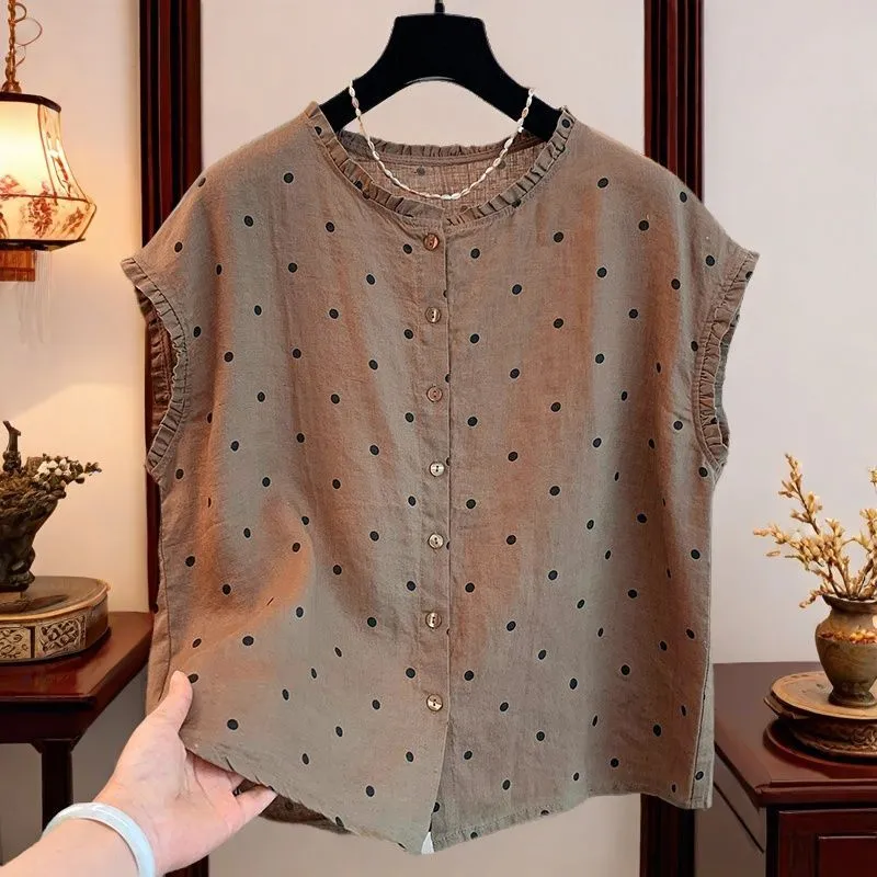 レディース レトロ ポルカドット リネンコットン ブラウス  - Shirt Camp Collar のレビューと価格