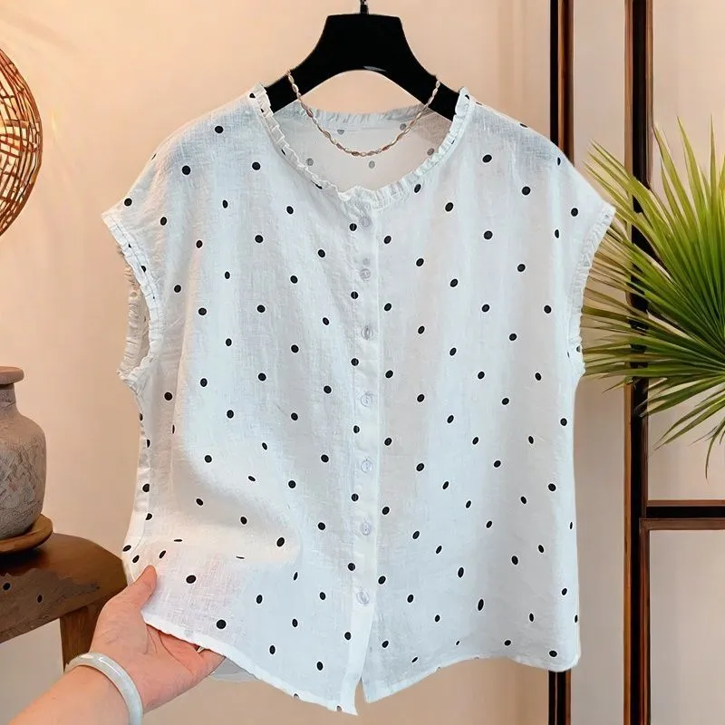 レディース レトロ ポルカドット リネンコットン ブラウス  - Shirt Camp Collar のレビューと価格