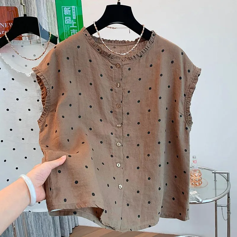 レディース レトロ ポルカドット リネンコットン ブラウス  - Shirt Camp Collar のレビューと価格