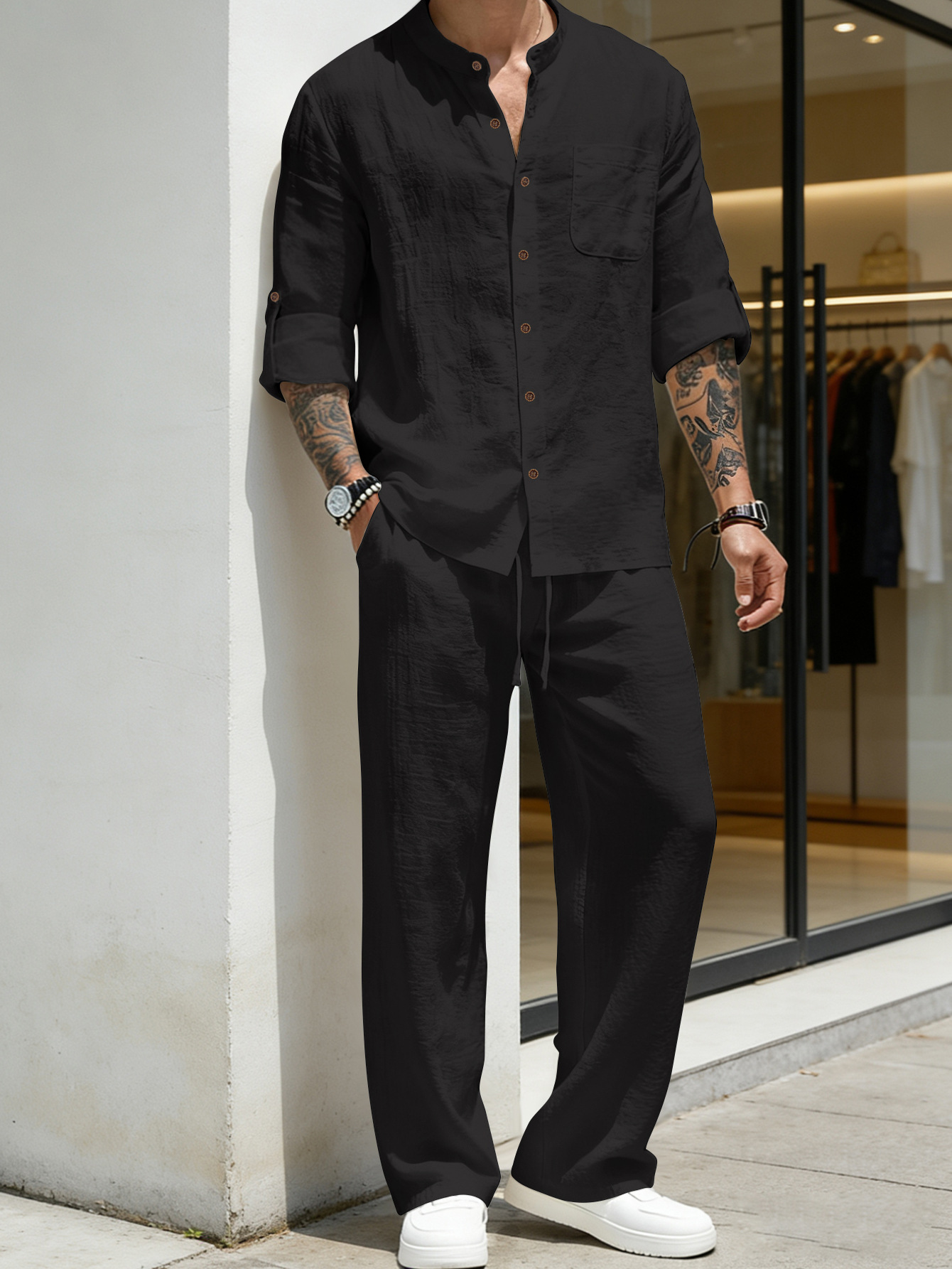 スーツ ルーズリネン長袖シャツとパンツ ビーチセット メンズ - Linen Shirt Breathable のレビューと価格