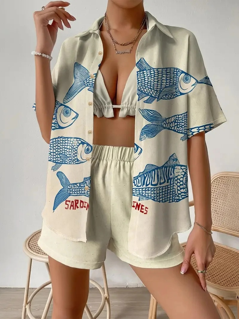 ファッションプリントビーチホリデー 2 点セット女性の夏の半 - Shirt Camp Collar のレビューと価格