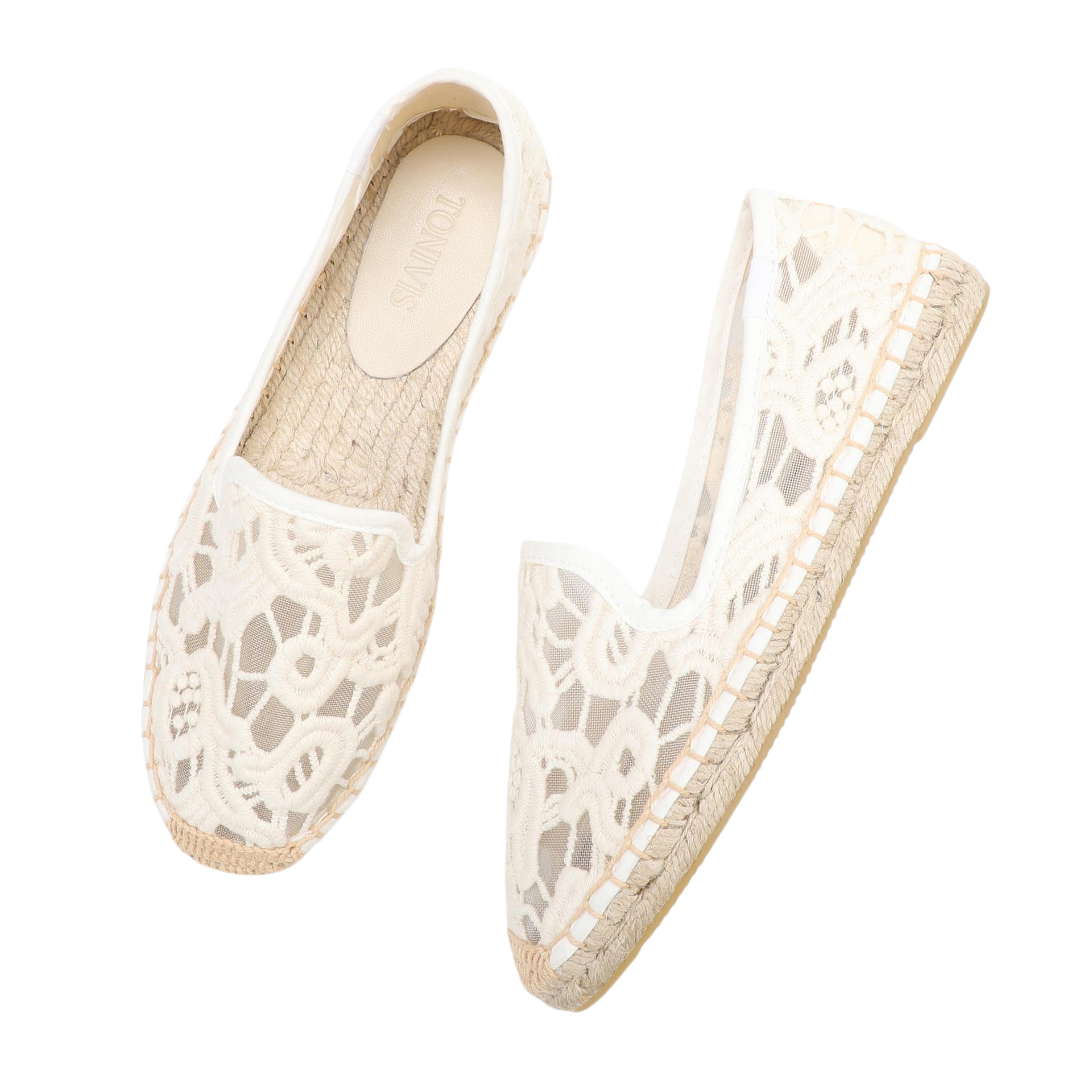 女性用レースエスパドリーユフラットシューズ、エレガントな夏の - Espadrille Slip On のレビューと価格