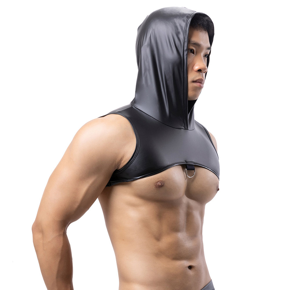 男性フェイクレザーフード付きフィットネスタンクトップ胸ハーネ - Tank Top Muscle のレビューと価格