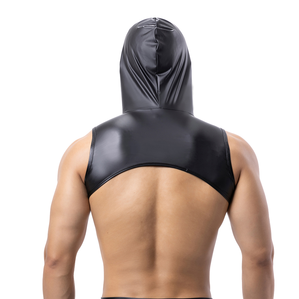 男性フェイクレザーフード付きフィットネスタンクトップ胸ハーネ - Tank Top Muscle のレビューと価格