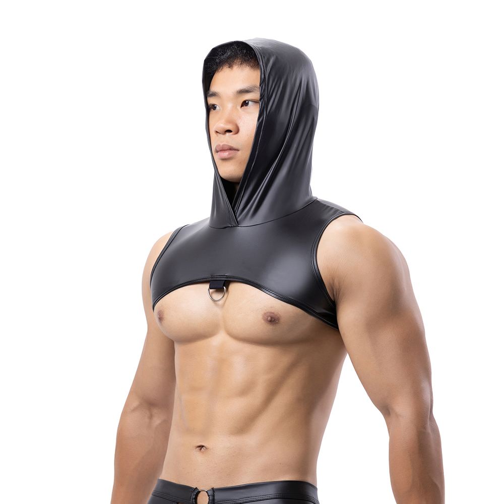 男性フェイクレザーフード付きフィットネスタンクトップ胸ハーネ - Tank Top Muscle のレビューと価格