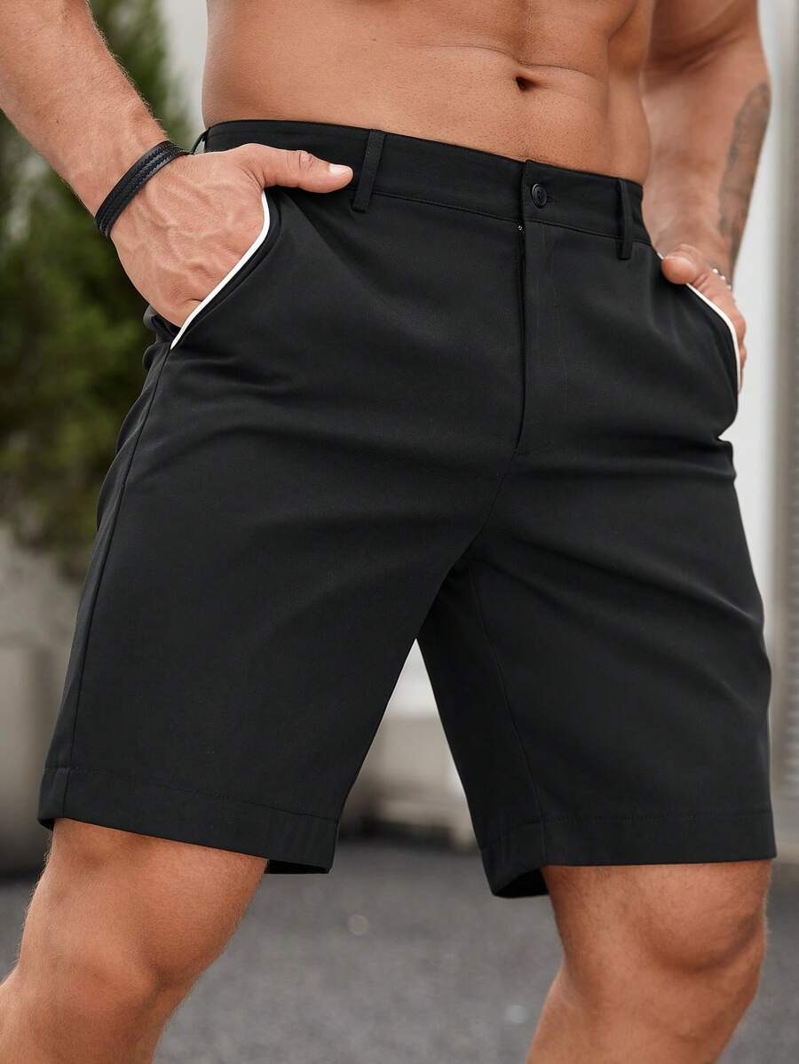 メンズコントラストトリムチノショーツ、ミッドウエストボタンフ - Shorts Chino Slim のレビューと価格