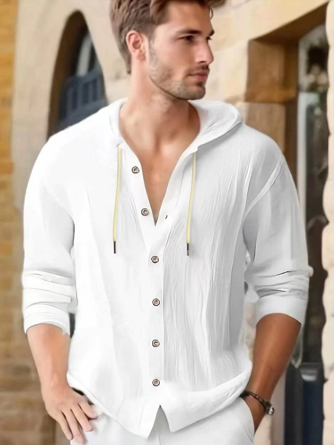 ルーズメンズソリッドカラー通気性薄い日焼け防止コットンリネン - Linen Shirt Breathable のレビューと価格