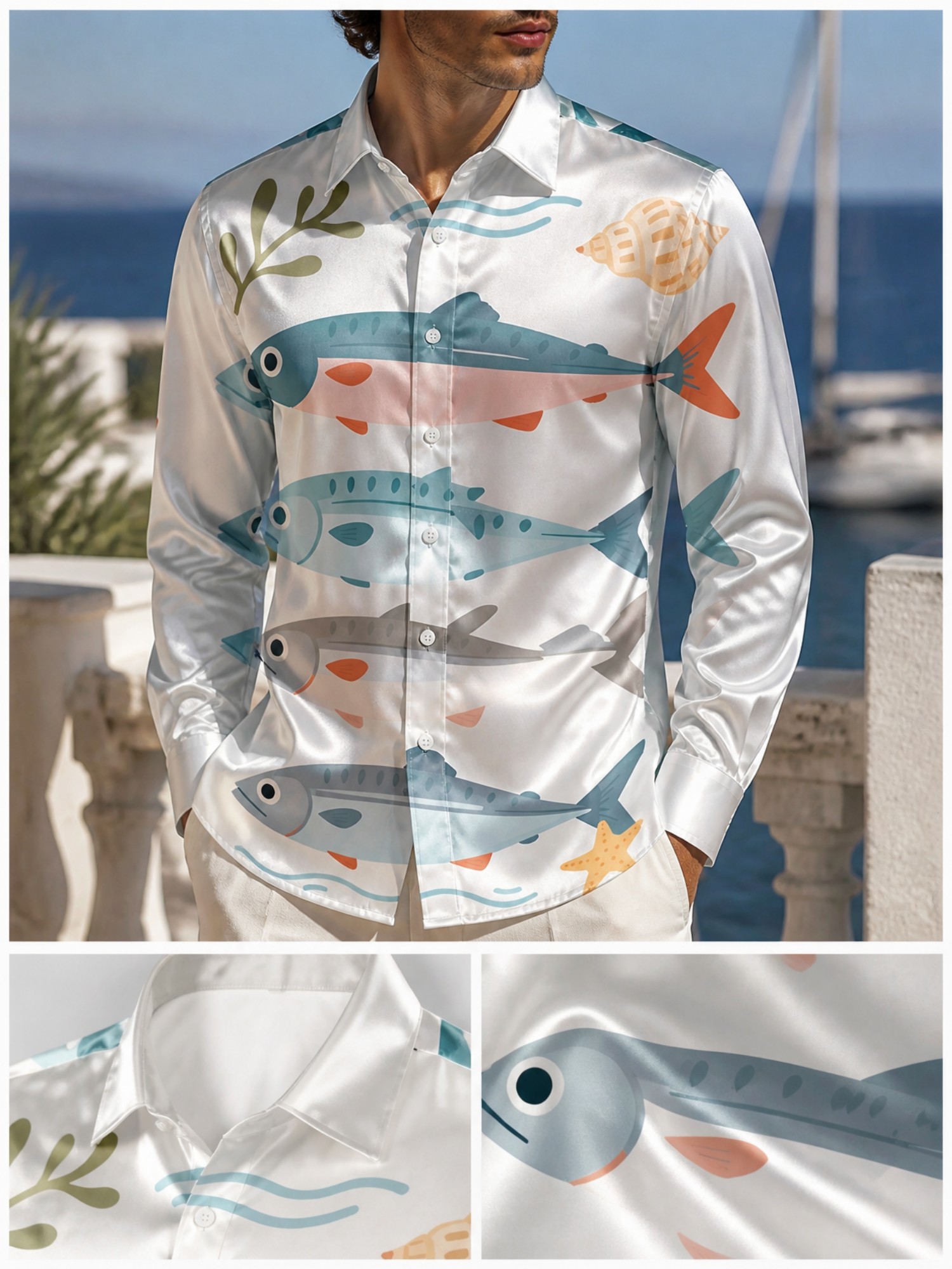 メンズ高級サテン長袖襟付きシャツ ソフトで光沢のあるドレスシ - Resort Shirt Floral のレビューと価格