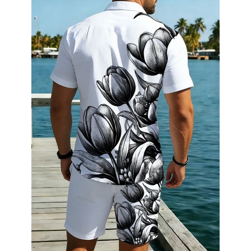 メンズ白花柄プリントシャツとショートパンツセット、軽量ビーチ - Resort Shirt Floral のレビューと価格