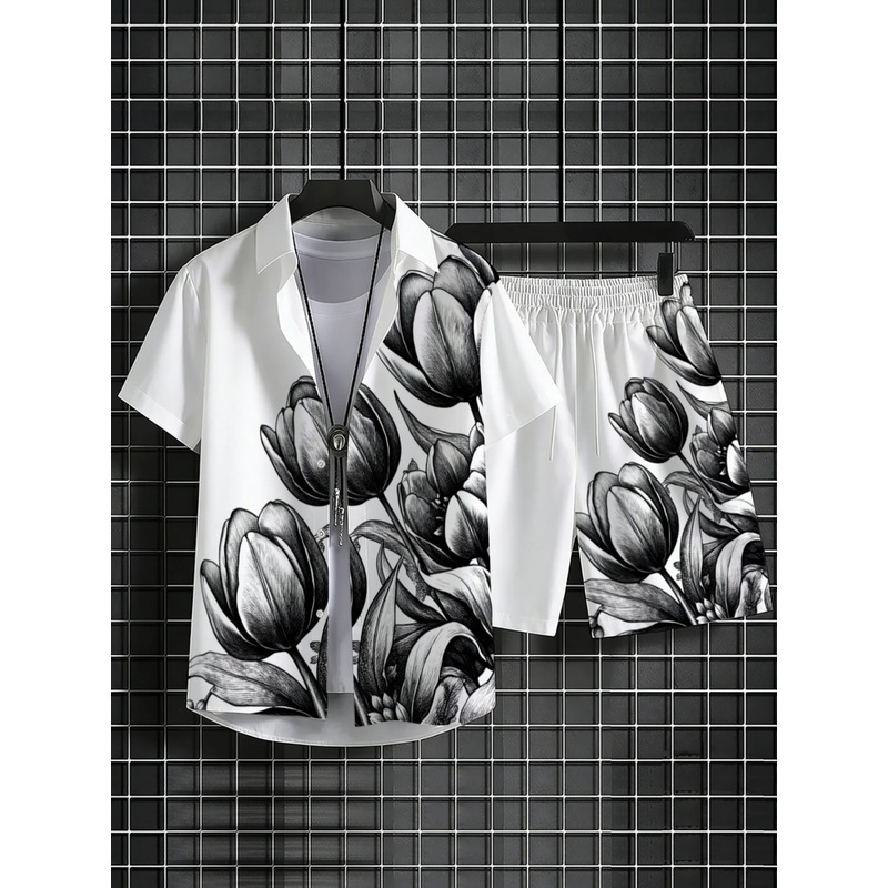 メンズ白花柄プリントシャツとショートパンツセット、軽量ビーチ - Resort Shirt Floral のレビューと価格