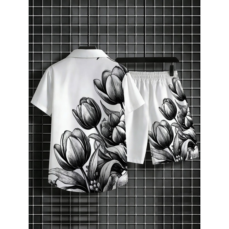 メンズ白花柄プリントシャツとショートパンツセット、軽量ビーチ - Resort Shirt Floral のレビューと価格