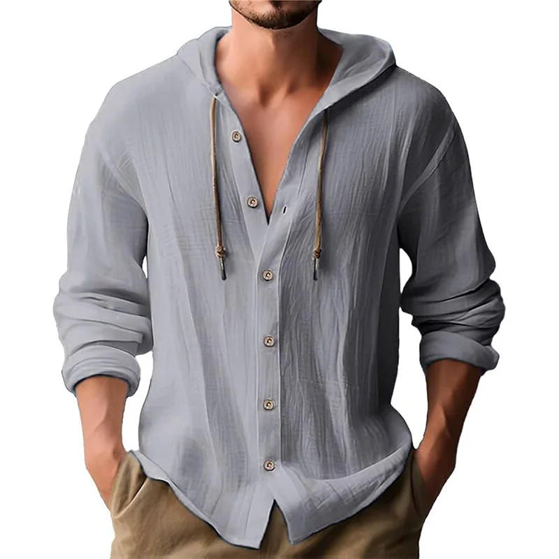 メンズソリッドカラーカジュアル長袖シャツフード付き巾着コット - Short Linen Drawstring のレビューと価格