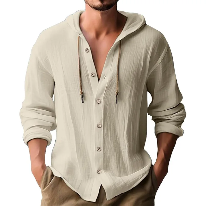 メンズソリッドカラーカジュアル長袖シャツフード付き巾着コット - Short Linen Drawstring のレビューと価格