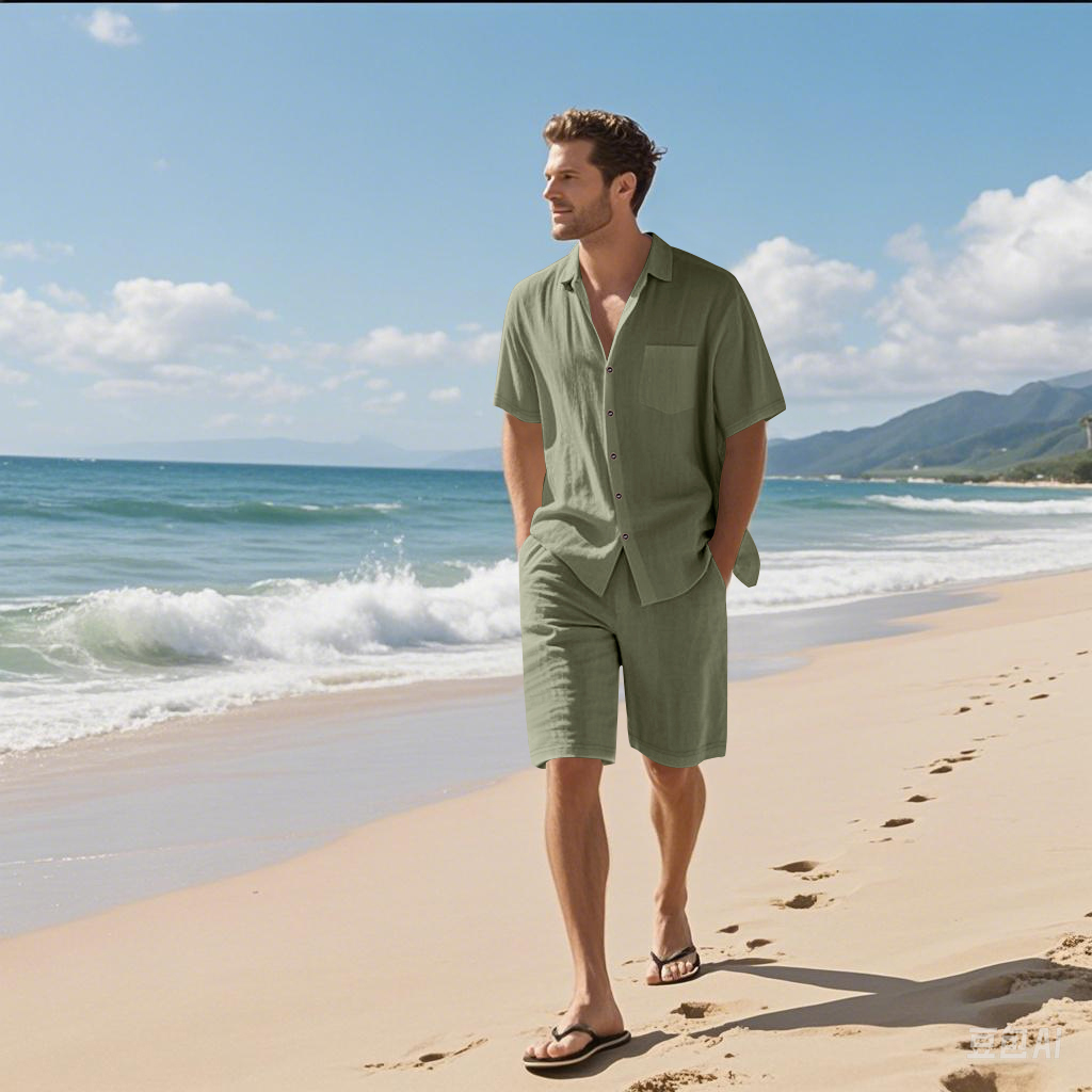 メンズリネンテクスチャードツーピースセット、襟付き半袖シャツ - Linen Shirt Breathable のレビューと価格