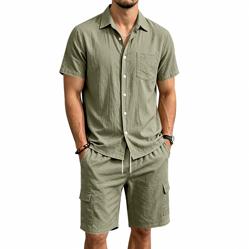 メンズ夏アメリカンリネンツーピースセット半袖シャツドロースト - Linen Shirt Breathable のレビューと価格
