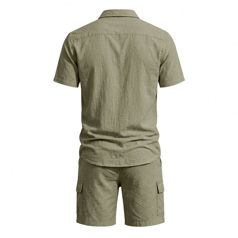 メンズ夏アメリカンリネンツーピースセット半袖シャツドロースト - Linen Shirt Breathable のレビューと価格