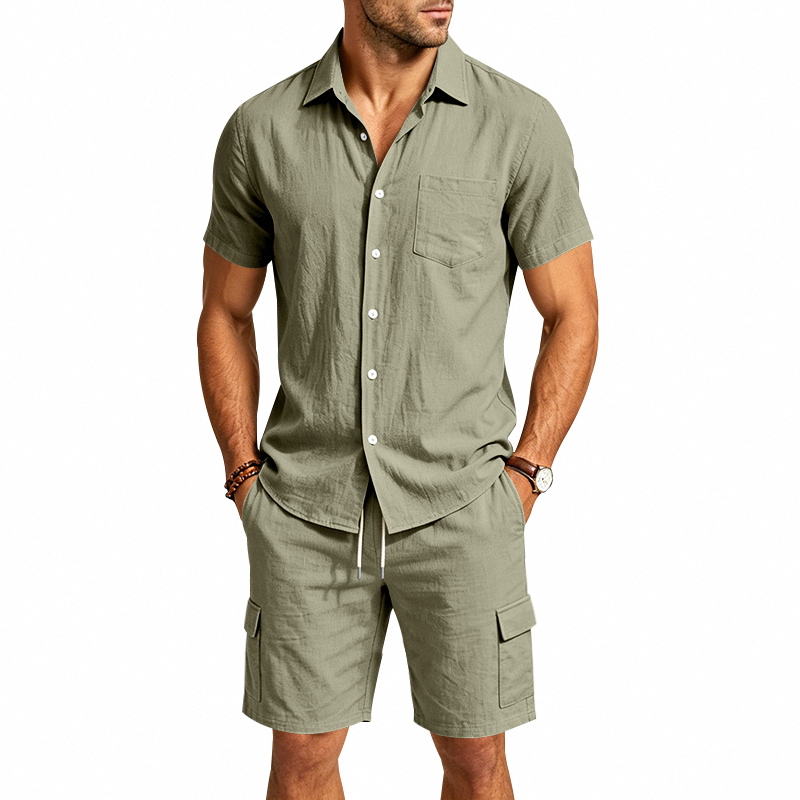 メンズ夏アメリカンリネンツーピースセット半袖シャツドロースト - Linen Shirt Breathable のレビューと価格